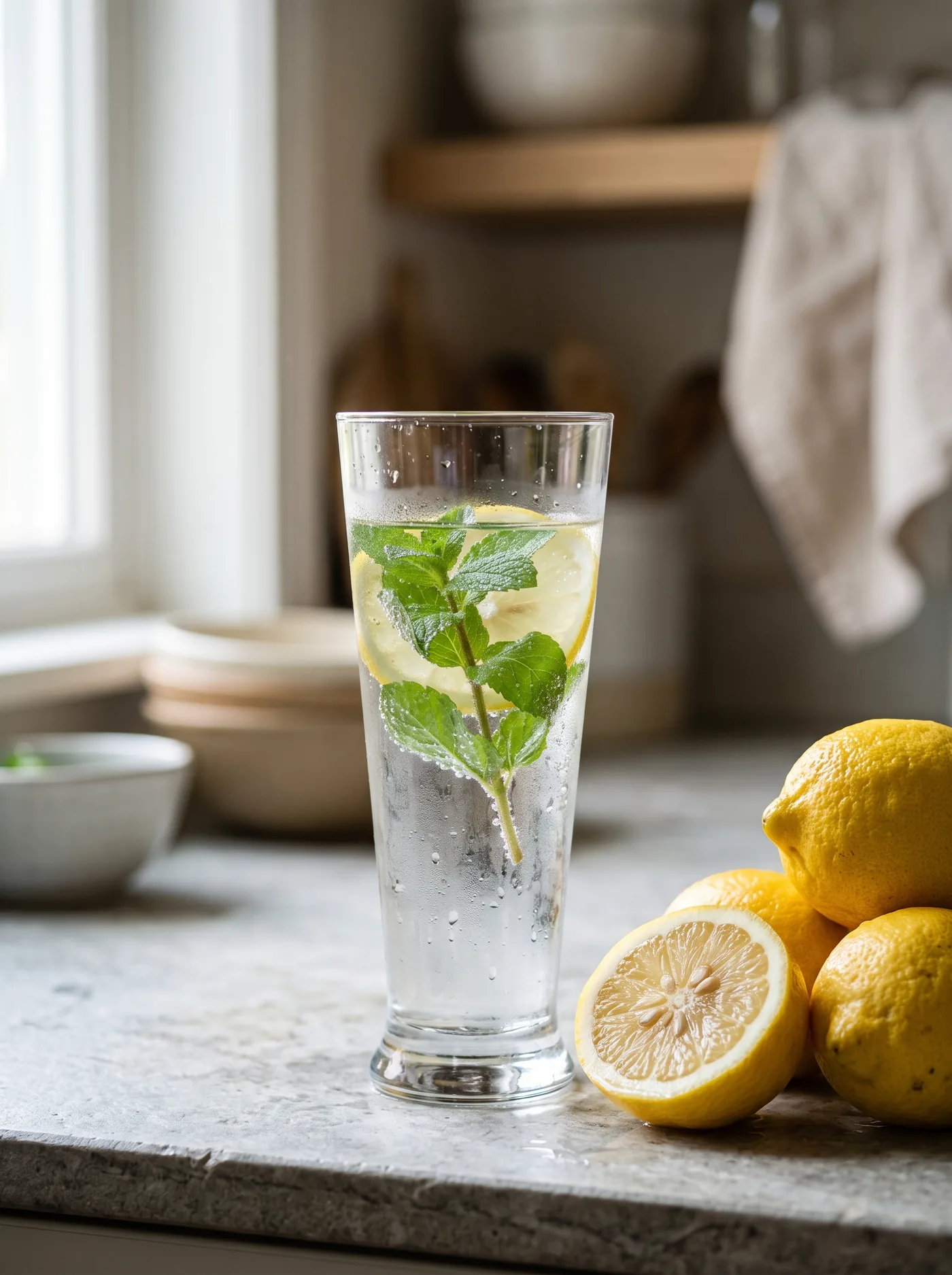 Eau citronnée dans un verre avec paille en verre - hydratation saine