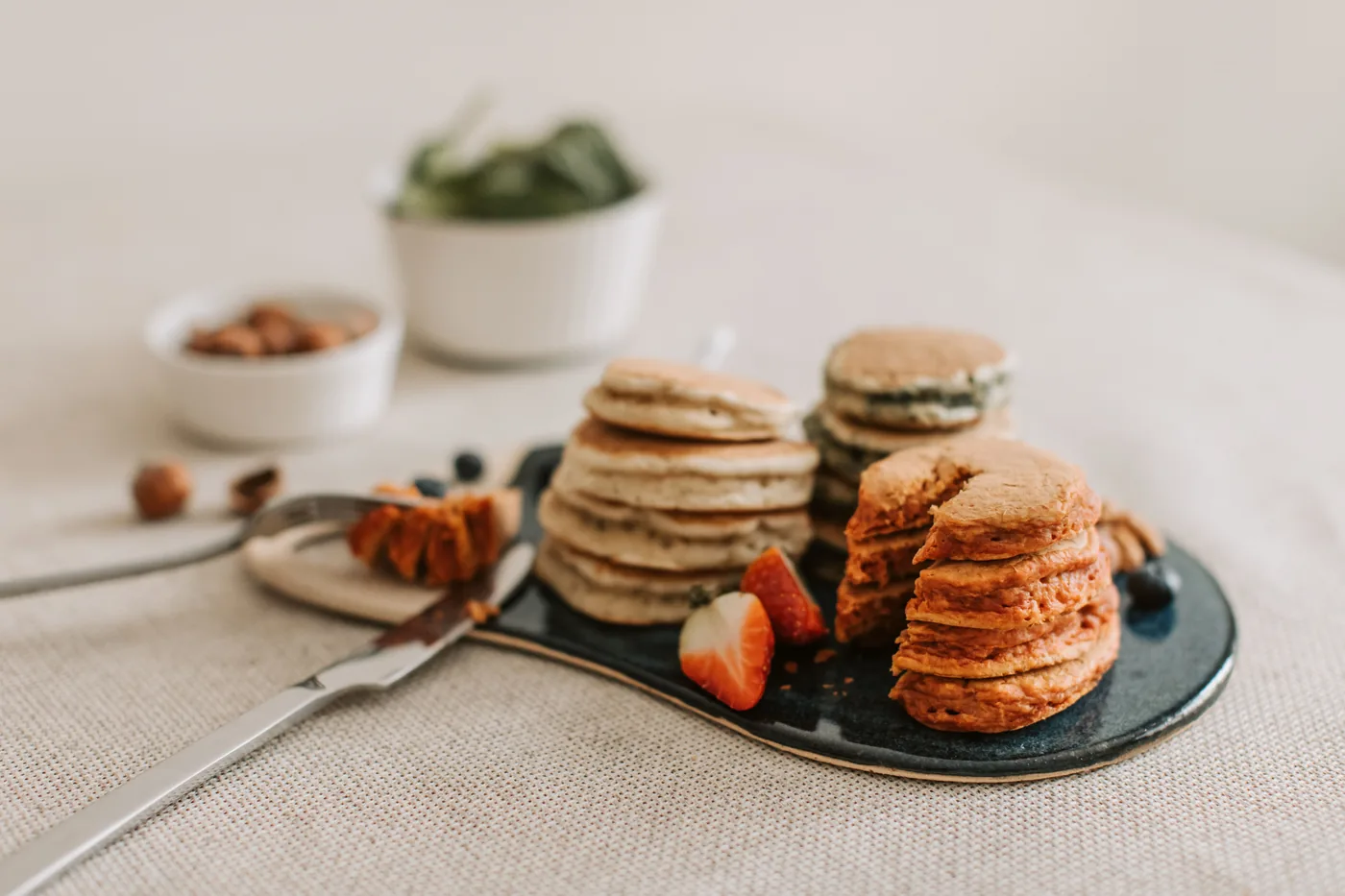 Stacked Oatmeal Pancakes with Fresh Fruit — Healthy Breakfast Recipe Without Wheat Flour