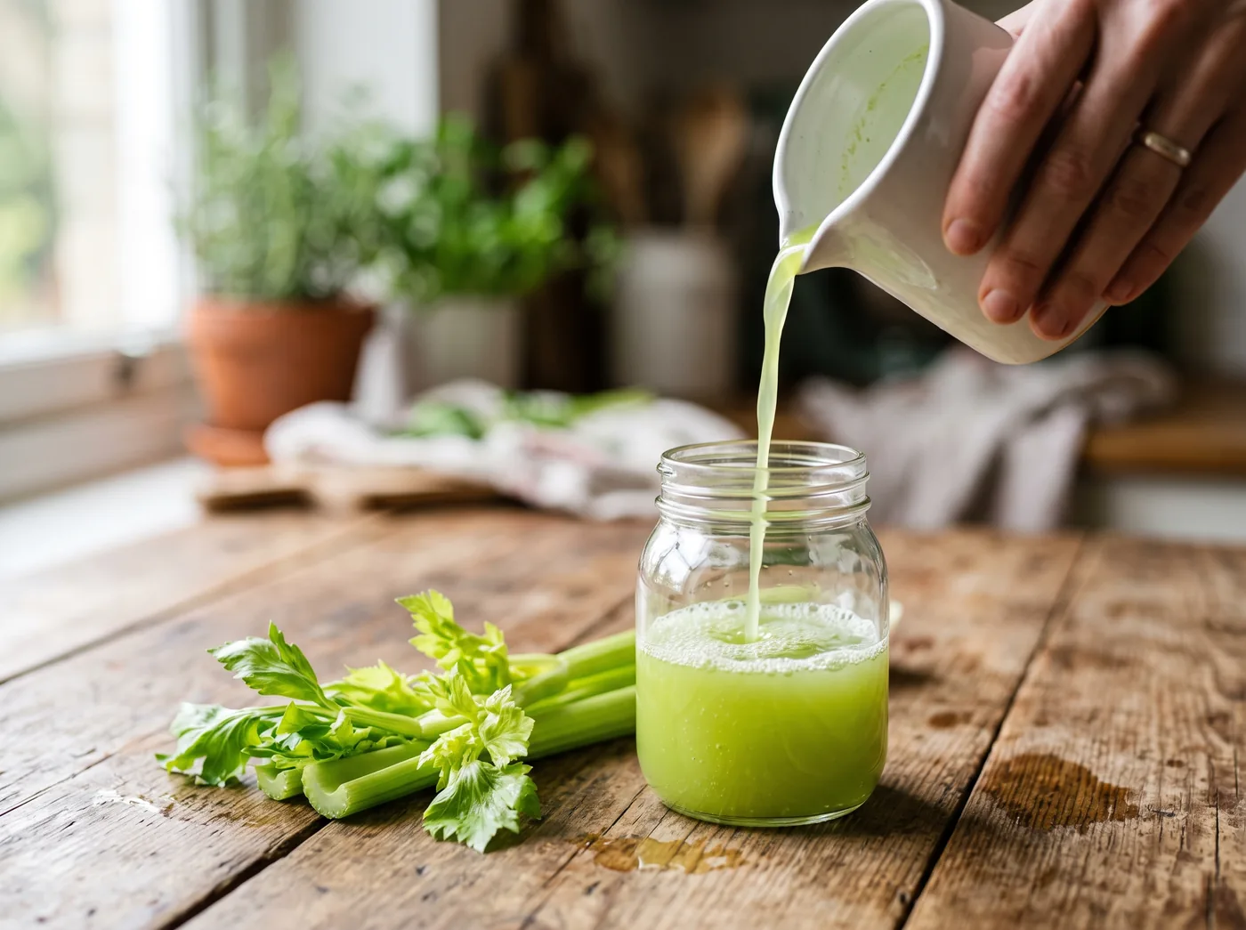 Jus de céleri vert versé dans un bocal en verre - Pressage à froid préservant la phycocyanine | Joy Juice