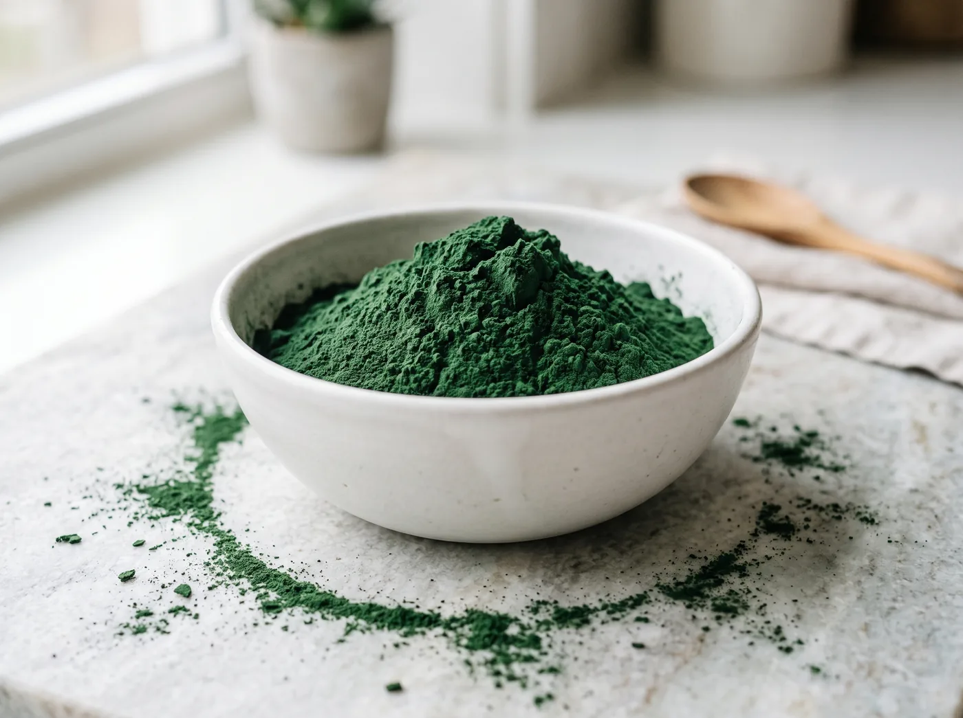 Poudre de spiruline verte dans un bol en céramique blanche - Source naturelle de phycocyanine | Joy Juice